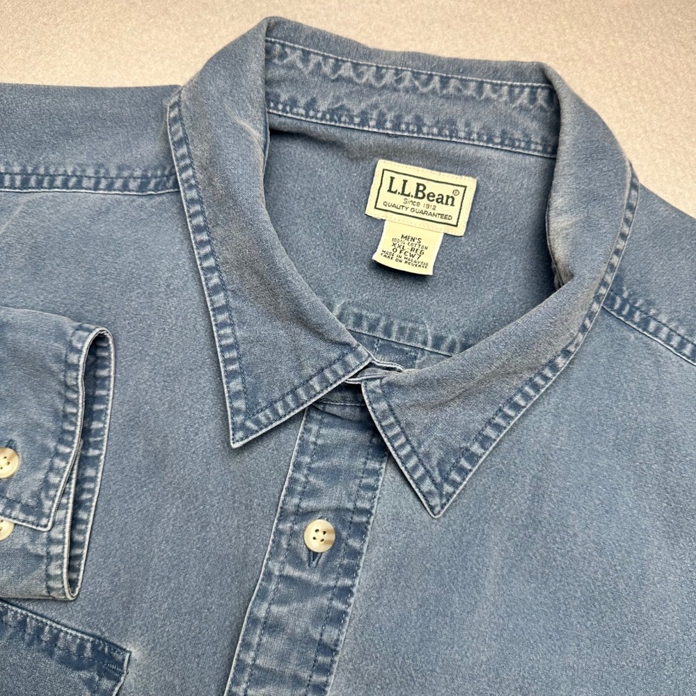 LL Bean Button Down Shirt Mens XXL Blue Denim Long Sleeve Heavy Cotton 0FCW7